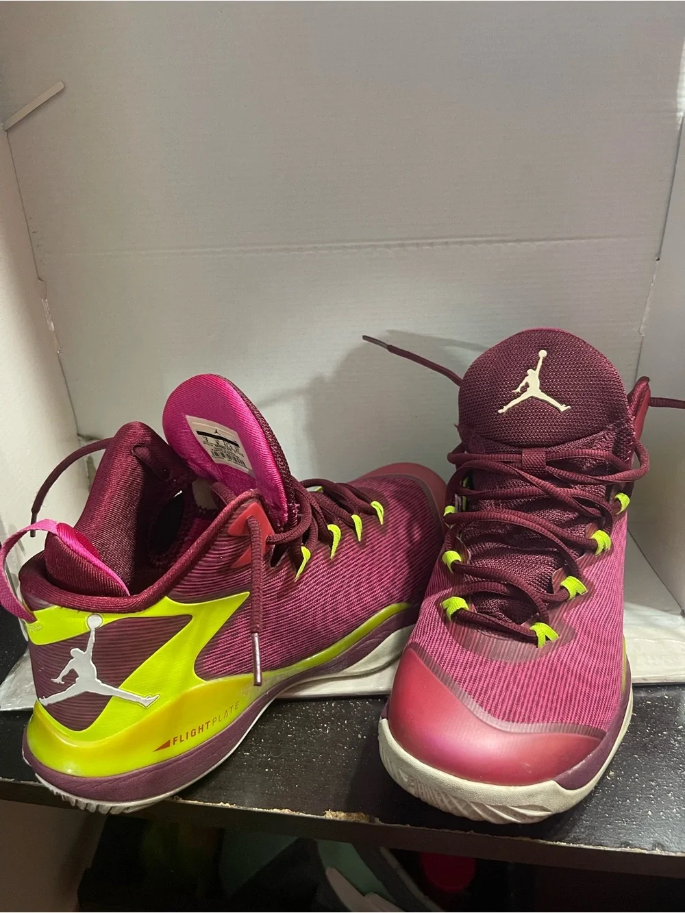 Wardrobe Department STAR Find- Jordan Maroon and Neon Yellow Basketball Sneakers
